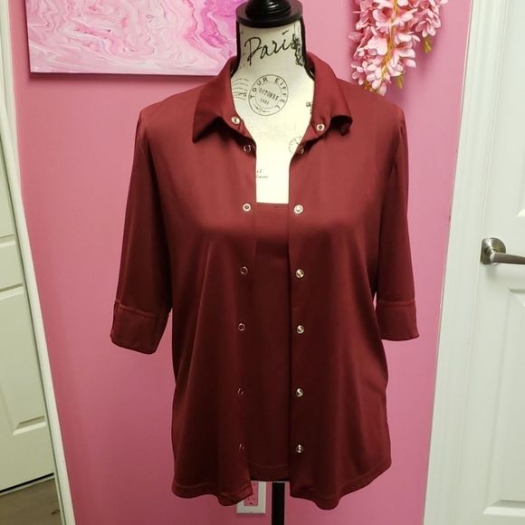 Career ❤🖤❤ Elements Wine Red 2 Piece Shirt Blouse Top - Picture 6 of 13